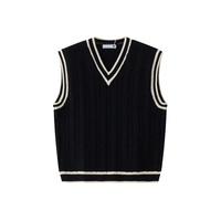 Gilet en acrylique torsadé à col en V pour homme, avec bordure contrastante, sans manches, ourlet côtelé texturé, style preppy universitaire, automne