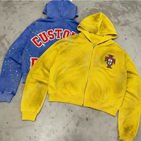 Hoodie Gravvi Dream Varsity berbahan katun dengan patch, oversized, cropped, ber-zip, fleece tebal, streetwear, motif cat splatter, OEM ODM, logo custom