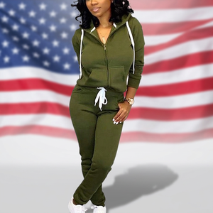 Women's Olive Green Hooded Tracksuit Set Full Zip Sweatshirt <b>Pants</b> Casual Solid Color Breathable Polyester/Cotton Plus Size - Product Image 1