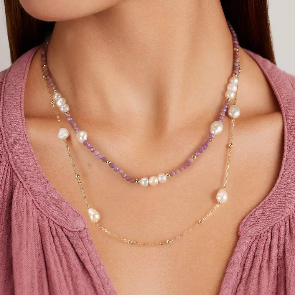 RINNTIN MPN01 925 Silver Natural Freshwater Pearl Natural Stone Purple Mica Beads Baroque Pearl Stacked Necklace