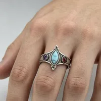 ZhuQian Grosir Cincin Gaya Etnik Pirus Biru Marquise untuk Wanita Perhiasan Klasik Warna Perak Samping Zirkon Bulat Bohemian