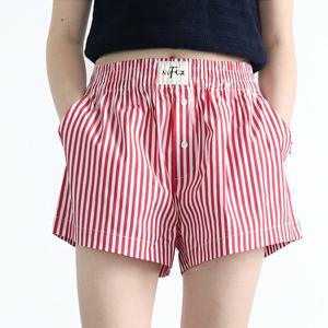 Custom Logo Women's Summer Simple Elastic Waist Pockets High Waist <strong>Pull</strong>-<strong>on</strong> Button Fly <strong>Lady</strong> Girls Fashion Striped Pajama <strong>Shorts</strong> - Product Image 1