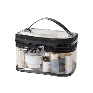 custom Women Transparent Travel Cosmetics Bag 2 Layer Clear PVC Make Up Bag with Dual Zipper