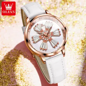 OLEVS 5579 독특한 멋진 여성 쿼츠 시계 예쁜 정품 가죽 밴드 빛나는 물 증거 캐릭터 레저 손목 시계