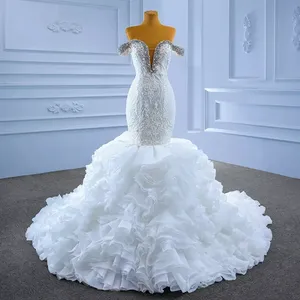 2024 Elegante schulterfreie kristall rückenfreie Rüschen Tull-Zug afrikanische Meerjungfrau Brautkleider Übergröße Fischschwanz Hochzeitskleid
