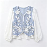 Haut en tricot durable à lacets en dentelle florale au dos, gilet ajouré, chemisier en mousseline à manches papillon, fin pour l'automne