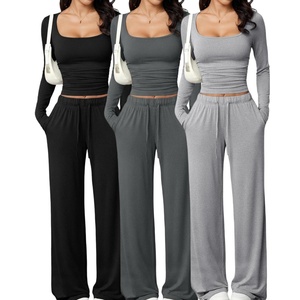 Sweethoney OEM Women's Casual Trousers <strong>Set</strong> <strong>Square</strong> Neck Long-Sleeved Short Top <strong>Set</strong> Breathable Modal Women's Sportswear <strong>Set</strong> - Product Image 4