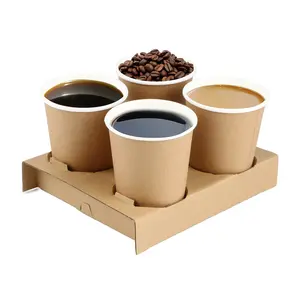 Custom Logo Corrugated Brown Craft Paper To-Go Box 2/4 Carrier Tray For Coffee Juice Drink Tea Food Beverage Packaging