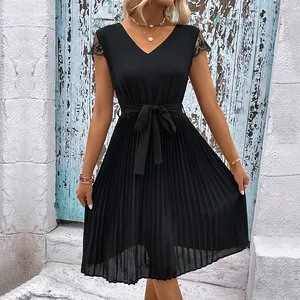 Hot selling products New European and American dress summer vacation women's dress lace-up solid color pleated dress