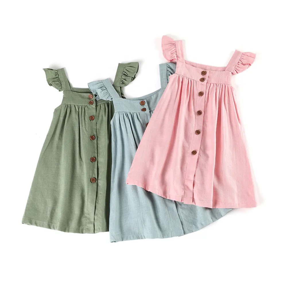 Robe d'été en lin et coton pour bébé fille, manches volantées, boutons