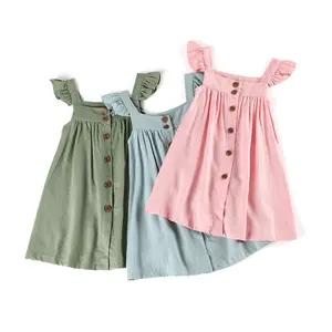 summer flutter ruffle sleeve buttons up cotton linen dress frock blank solid baby girl summer dress
