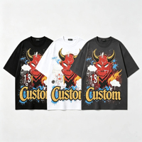 T-shirt vintage décontracté à manches courtes, motif démon, monstre cornu, graffiti, éclaboussures de feu, style streetwear, coupe oversize