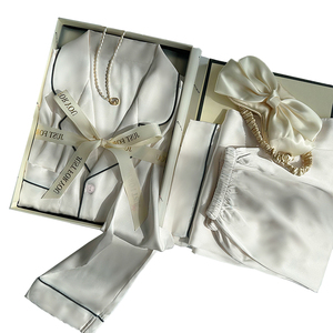 Pigiama in Seta Ghiaccio da <span class=keywords><strong>Donna</strong></span>, Completo <span class=keywords><strong>Homewear</strong></span> Semplice a Maniche Lunghe Tinta Unita, Stile Avanzato per Primavera e Autunno - Product Image 1