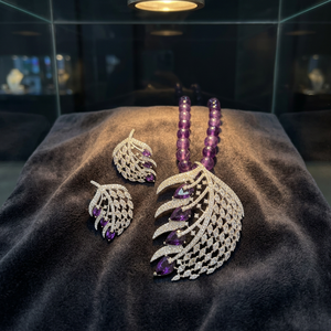 Brass Rhodium Plated Purple <b>Crystal</b> Beaded Feather Leaf Pendant Necklace CZ <b>Stud</b> <b>Earrings</b> Set for Wedding Engagement - Product Image 3