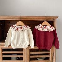 Sweater Rajut Katun Pointelle Bordir Bunga Kerah Peter Pan Kancing Bayi Perempuan Tepi Scallop Pakaian Rajut Bayi Baru Lahir Balita
