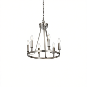 Modern Farmhouse 6-Light Chandelier Brushed Nickel Wagon Wheel Pendant <b>E12</b> Base Indoor Lighting - Product Image 1