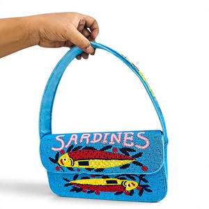 Handcrafted Beaded Sardines Shoulder <b>Bag</b> <b>Blue</b> Fish Motif Novelty Seafood Themed Handbag Women Wholesale OEM Private Label - Product Image 1