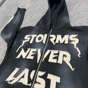 Custom Logo <strong>Tracksuits</strong> Patch Embroidery /distress Embroidery Stone Wash Fleece Lining 100% Cotton Hip Hop <strong>Style</strong> Flared Split - Product Image 5