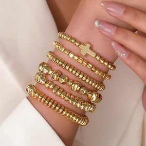Cross Beaded Stackable <b>Bracelet</b> Set Gold Silver Elastic <b>Rope</b> Jewelry For Women Gift Geometric Design Zinc Alloy Fashion - Product Image 3