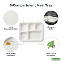 Assiettes en bagasse à 5 compartiments, couleur naturelle, non blanchies, jetables, écologiques, pour la vente en gros