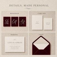 Carte d'invitation de mariage élégante et minimaliste, impression personnalisée du monogramme du couple, papeterie de mariage simple et haut de gamme sur mesure