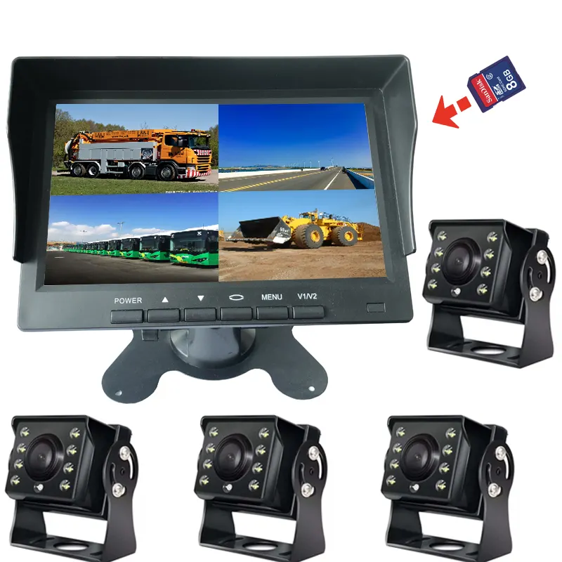 4 Channel CCTV Dan 7 Inch Monitor Car Dashboard Front Camera 8 LED Reverse Camera