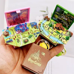 Gantungan Kunci buku Pop Up 3D Mini, Gantungan Kunci buku lipat gantungan kunci, mainan kreatif dapat dilipat untuk anak-anak