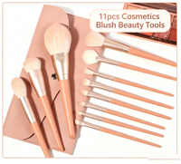 Ensemble de pinceaux de maquillage professionnels avec 11 pièces de haute qualité outils de beauté cosmétiques Blush comprend un sac en polyuréthane orange pour le visage