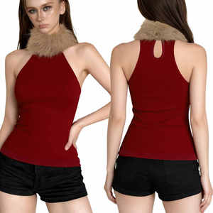 Femmes rouge sans manches col roulé tricot débardeur fausse fourrure garniture col Patchwork décontracté hiver mode vêtements rétro noël Y2K - Product Image 1