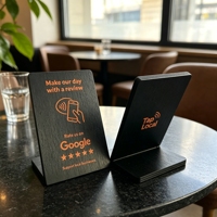 Support de table en bois et PVC avec code QR dynamique Google Review et NFC pour menu de restaurant, Instagram, Facebook, WhatsApp, LinkedIn