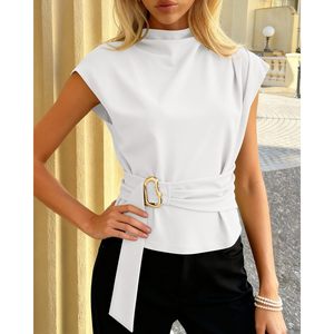 Women Blouse Cap Sleeve Mock Neck Wrap <b>Tie</b> Buckle Top Work Business Casual Poplin Elastic Fit - Product Image 3