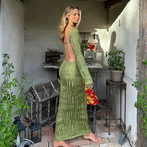 Charm Fall Best Seller Women Hollow Out Sexy Long Knitted Dress Green See Through Dress