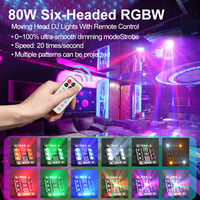 Projecteur de scène à six têtes mobiles, éclairage disco avec puissance de 80W, DMX 512, télécommande pour DJ, fête, mariage, événement