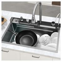 Évier de cuisine rectangulaire multifonctionnel moderne fait main à fente unique, finition brossée, en acier inoxydable SUS304, design cascade, noir mat, avec robinet numérique à commande manuelle