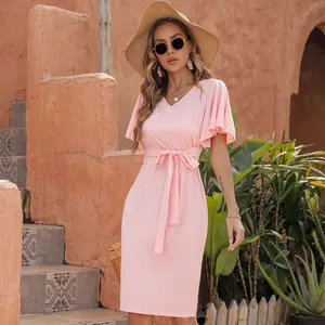 Pink Ruffle Fashion Satin Elegant Modest Dresses Summer Casual Bodycon Dress for Woman
