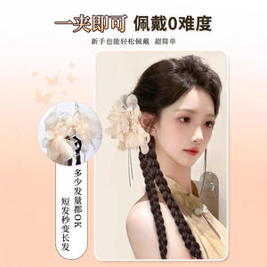 Perruque tressée élégante motif papillon et fleur avec double queue de cheval à pampilles pour femme, style jeune et délicat, en fibre haute température, avec pince à cheveux - Product Image 4