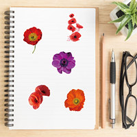 50 autocollants en PVC en forme de fleurs de pavot, lettres, décoration pour ordinateurs portables, tasses, imperméables, vernis UV, finition mate, autocollants en vinyle découpés