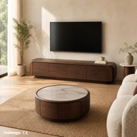 Meuble TV en panneau E1 18 mm, finition Noyer Japandi, bords arrondis, console multimédia minimaliste pour salon d'appartement moderne, sur mesure