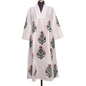 <b>White</b> Boho <b>Maxi</b> Dress With Floral Embroidery Full Sleeve Loose Fit V-Neck 100% Cotton Summer Casual Dress - Product Image 1