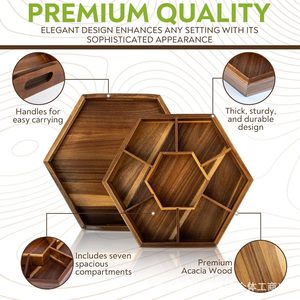 Juego de bandejas de madera Zemtac, bandeja hexagonal compartimentada de madera de acacia con tapa para la hora del té - Product Image 2
