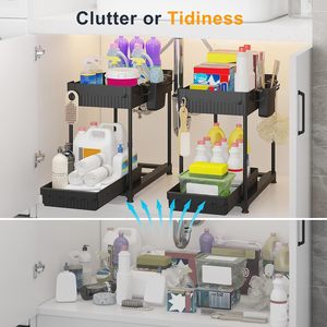2-Tier Plastic PP Eco-Friendly Multifunction Sink Organizer Bathroom Storage Self Basket Pull-Out Storage Rack Hooks <b>Kitchen</b> - Product Image 3