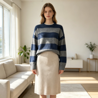Pull en maille fine surdimensionné à rayures marine, personnalisé, de haute qualité, à manches longues, décontracté, OEM & ODM, collection automne