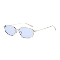Lunettes de soleil polygonales vintage tendance unisexe, branches fines en métal, montures argentées, verres bleus UV400