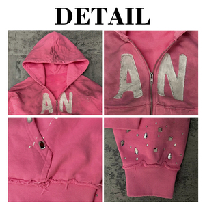 Sweat à capuche zippé pour homme, personnalisé, vintage, hiver, tricoté, imprimé, effet délavé, streetwear, avec appliqué, broderie et strass - Product Image 4