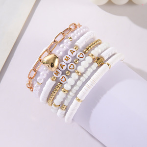 Conjunto de pulseras para el día de la madre, 7 piezas, colgante de corazón con letras de arcilla polimérica, joyería apilable, regalo para mujer, tono oro blanco - Product Image 1