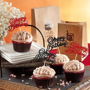 Décorations de cupcakes Joyeux Anniversaire à paillettes, pics à cupcakes Joyeux Anniversaire, décorations de fête à thème Halloween et anniversaire, rouge et noir - Product Image 2