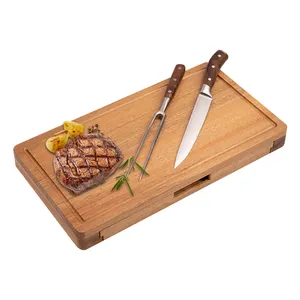 Natuur Acacia Houten Snijplank Set Van 3 Stuks Chef Professionele Vleessnijmes Vork Bbq Gereedschapssets