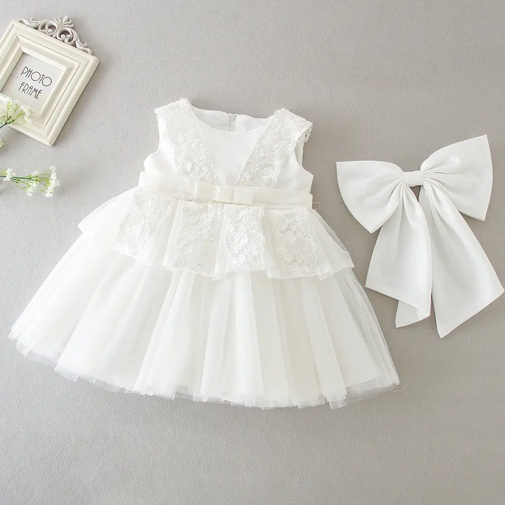 Vestido de bautismo para bebé y niña, de alta calidad, vestido de flores para recién nacido con nudo de lazo, vestido de bautizo de encaje blanco