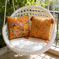 Housse de coussin en velours brodée de fleurs - Housse de coussin orange bohème avec pompons - Coussin décoratif vintage pour canapé-lit