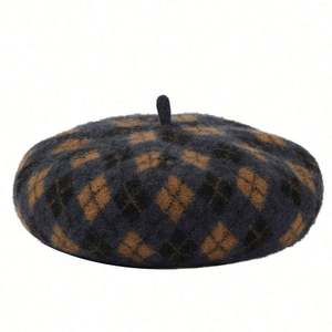 Boina de lana a cuadros de invierno estilo boutique al por mayor para mujer, gorro de punto vintage de pintor a la moda para niñas - Product Image 3